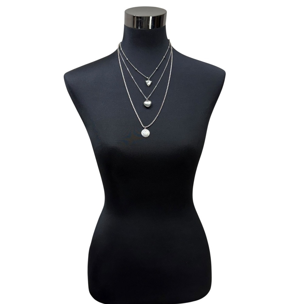 Multi Layered Charm Pendant Necklace Silver Tone Heart Triangle Jewelry 13.5 in